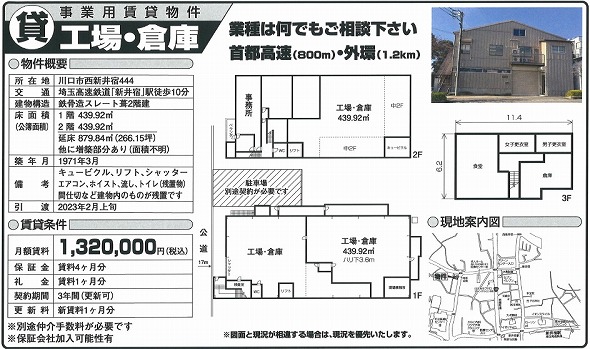 埼玉県川口市大字西新井宿 266.2坪 貸倉庫・貸工場|L-Net(エルネット) 画像2 埼玉県川口市大字西新井宿 266.2坪 貸倉庫・貸工場|L-Net(エルネット) 画像2